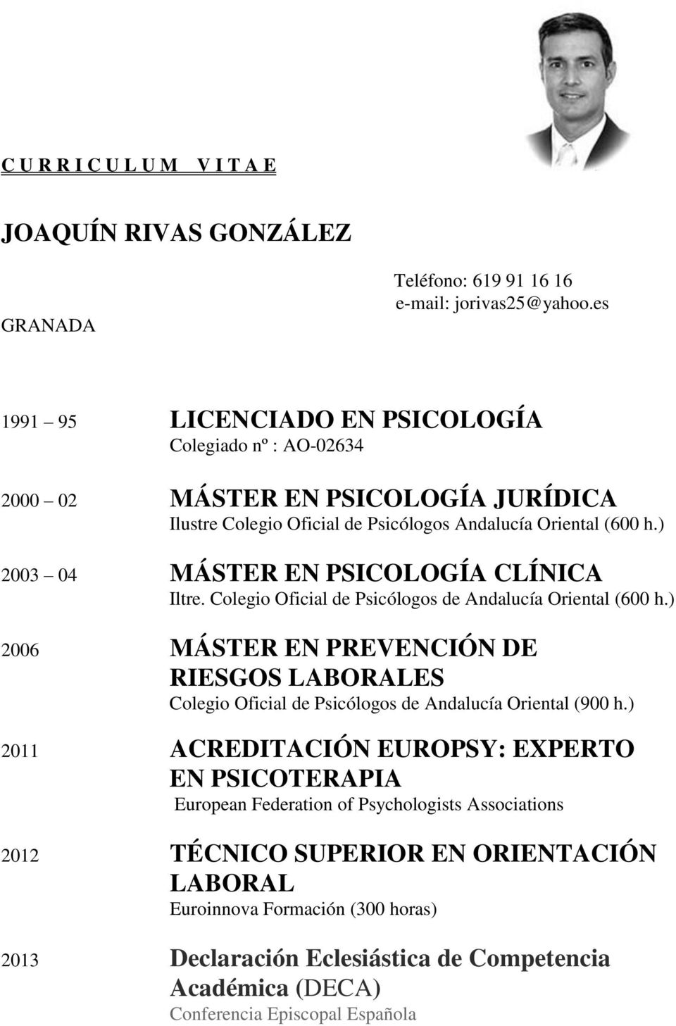 ) 2003 04 MÁSTER EN PSICOLOGÍA CLÍNICA Iltre. Colegio Oficial de Psicólogos de Andalucía Oriental (600 h.