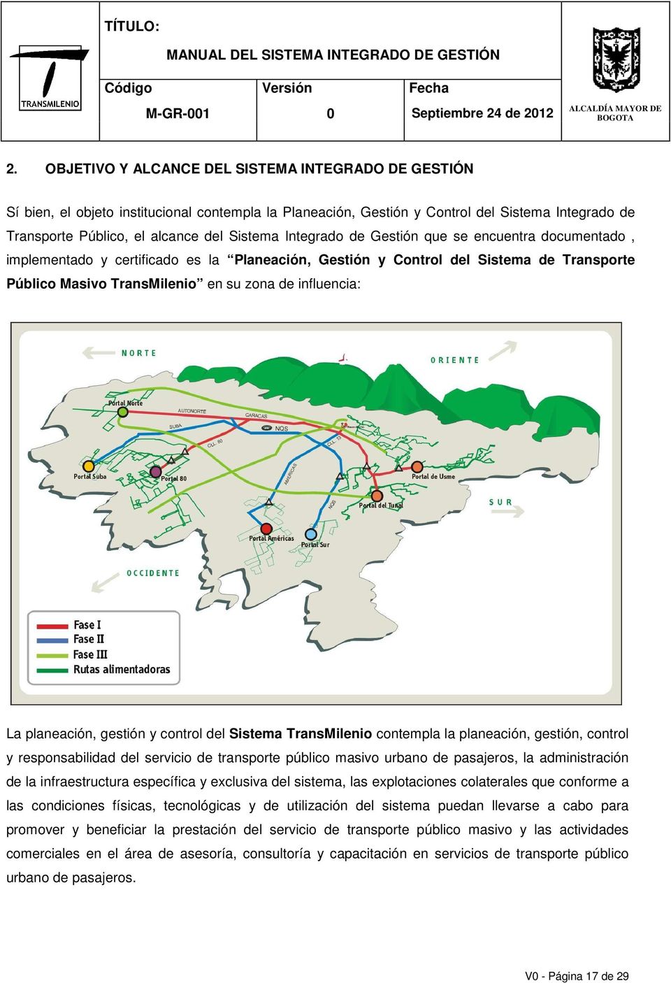 Integrado de Gestión que se encuentra documentado, implementado y certificado es la Planeación, Gestión y Control del Sistema de Transporte Público Masivo TransMilenio en su zona de influencia: La