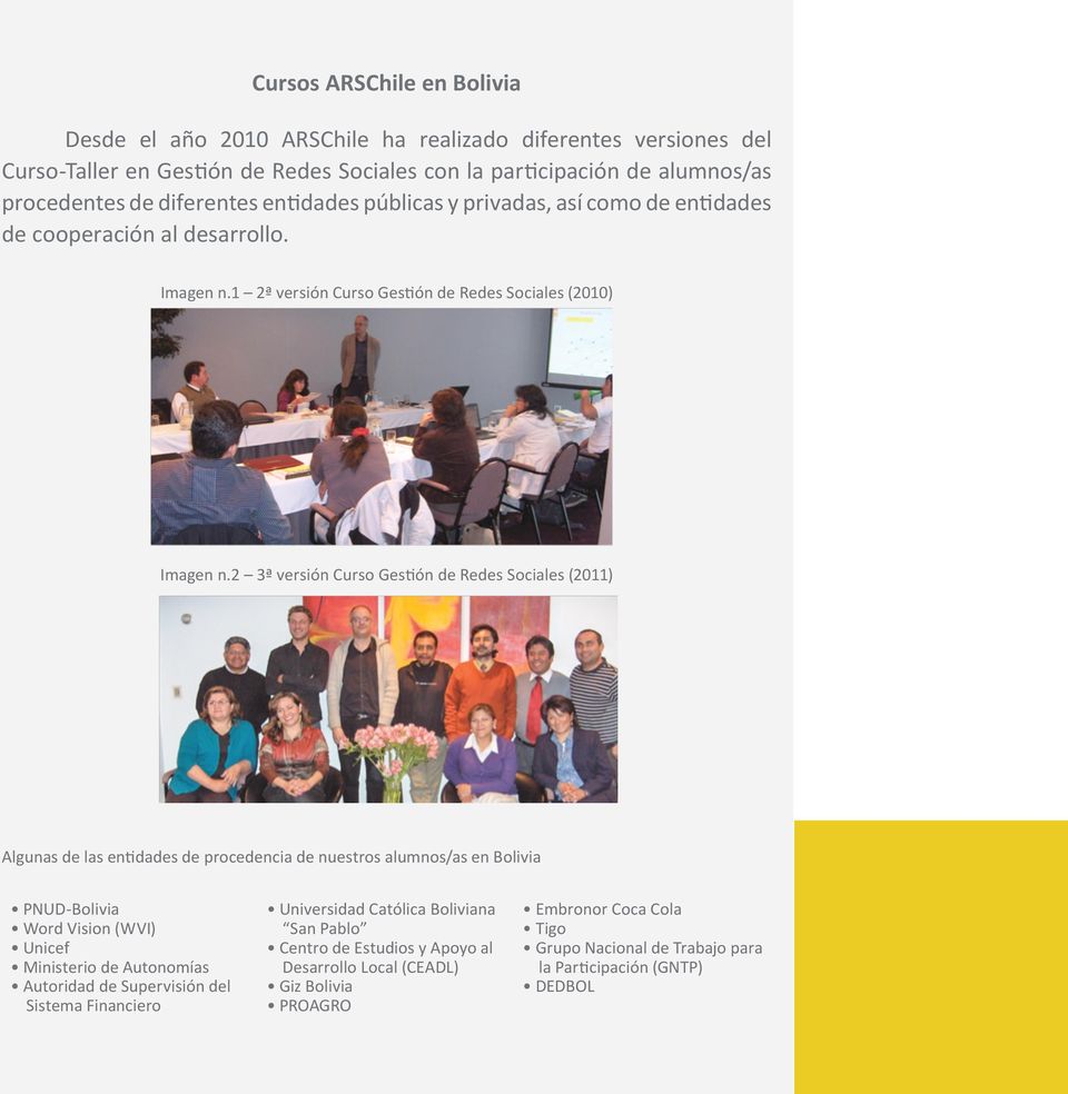 2 3ª versión Curso Gestión de Redes Sociales (2011) Algunas de las entidades de procedencia de nuestros alumnos/as en Bolivia PNUD-Bolivia Word Vision (WVI) Unicef Ministerio de Autonomías