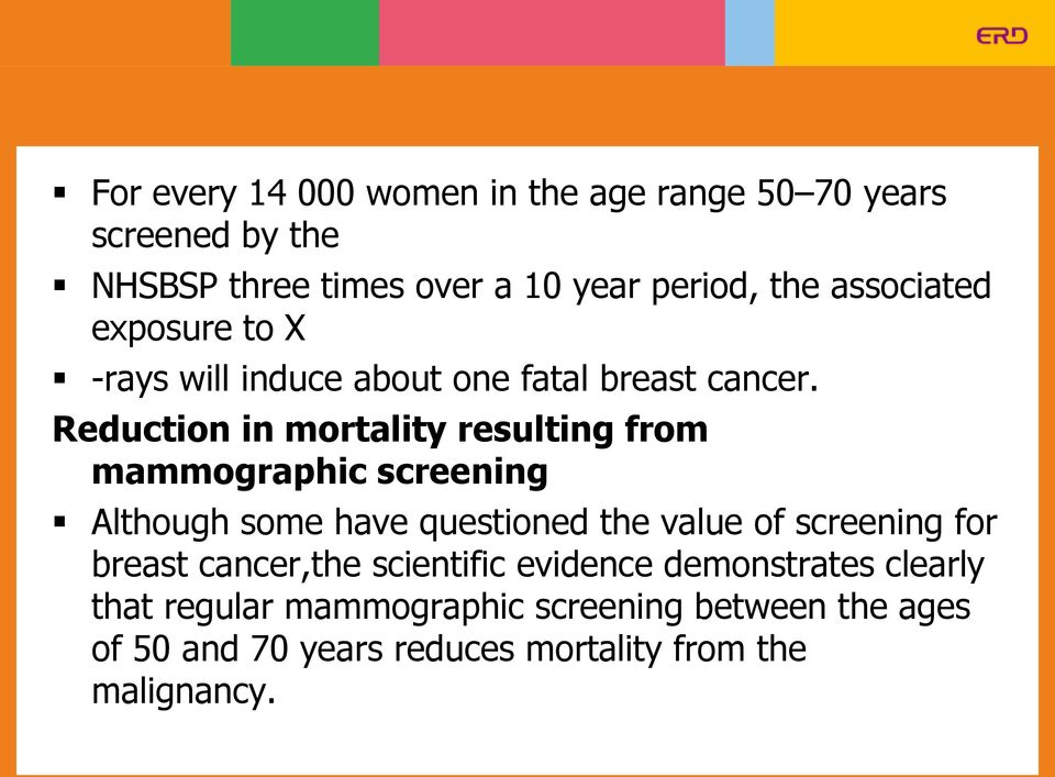 Reduction in mortality resulting from mammographic screening Although some have questioned the value of screening for