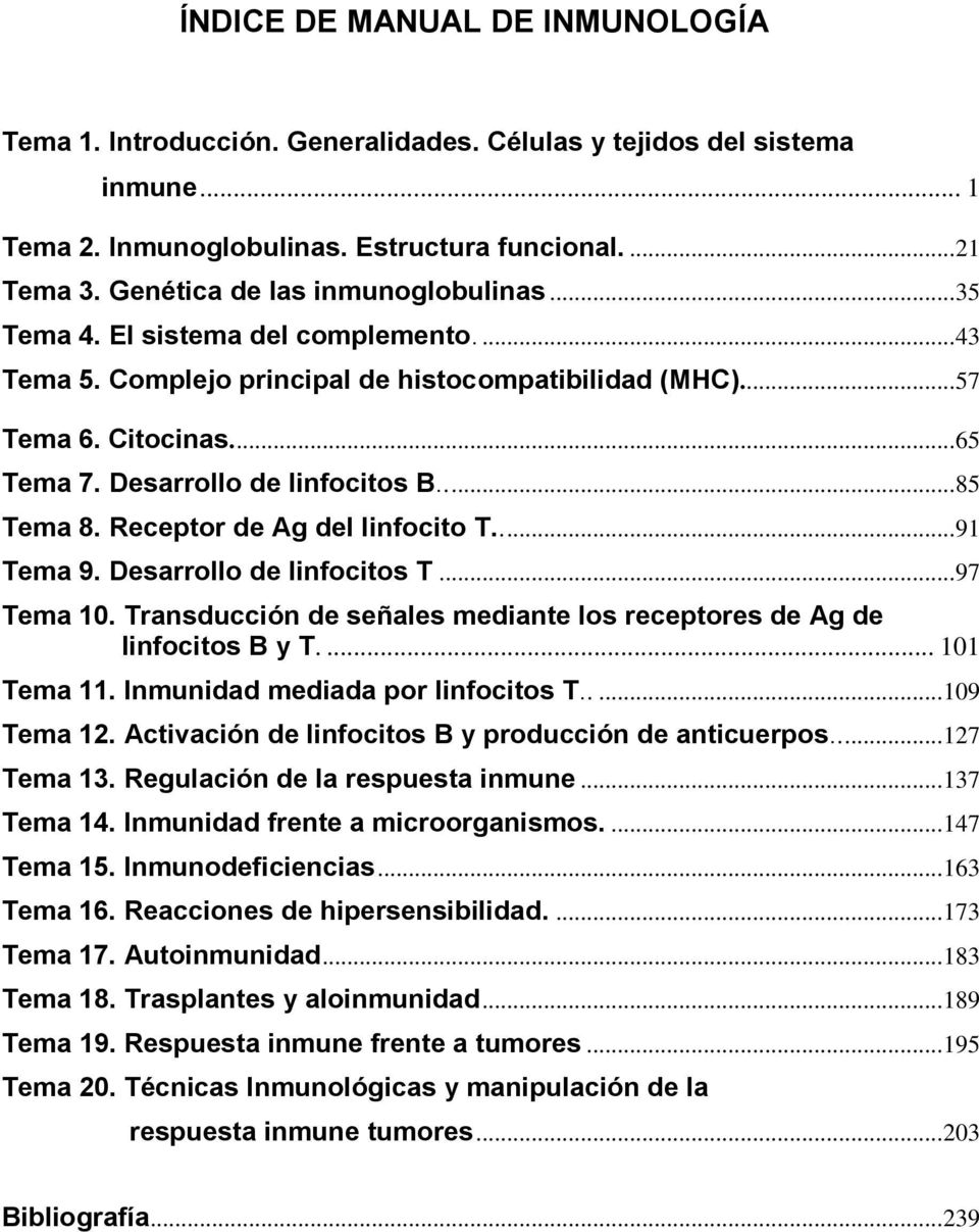 Desarrollo de linfocitos B..... 85 Tema 8. Receptor de Ag del linfocito T..... 91 Tema 9. Desarrollo de linfocitos T... 97 Tema 10.