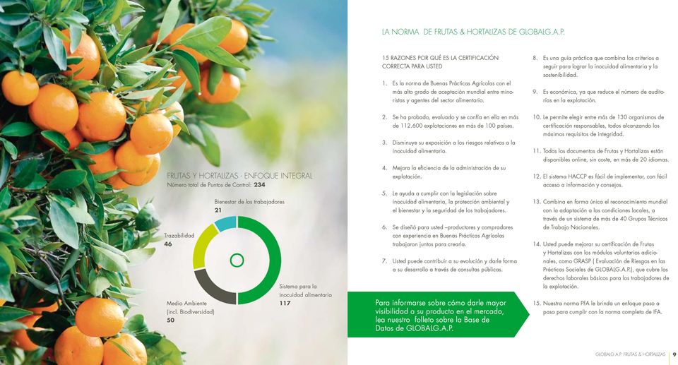 Es una guía práctica que combina los criterios a seguir para lograr la inocuidad alimentaria y la sostenibilidad. 9. Es económica, ya que reduce el número de auditorías en la explotación.