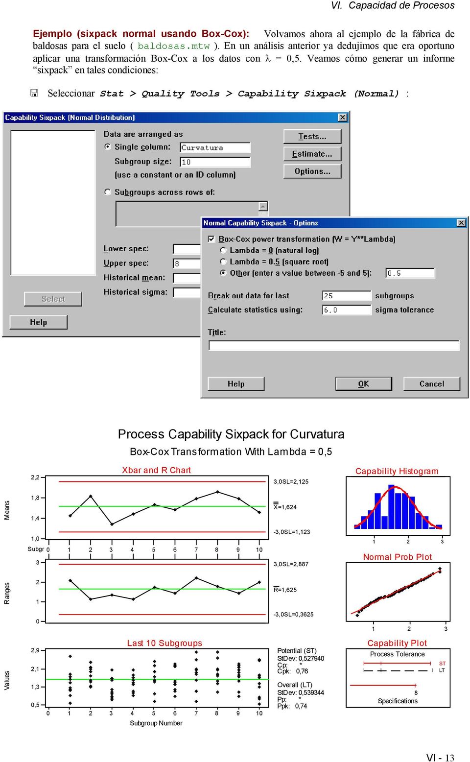 Veamos cómo generar un informe sixpack en tales condiciones: Seleccionar Stat > Quality Tools > Capability Sixpack (Normal) : Process Capability Sixpack for Curvatura Box-Cox Transformation With