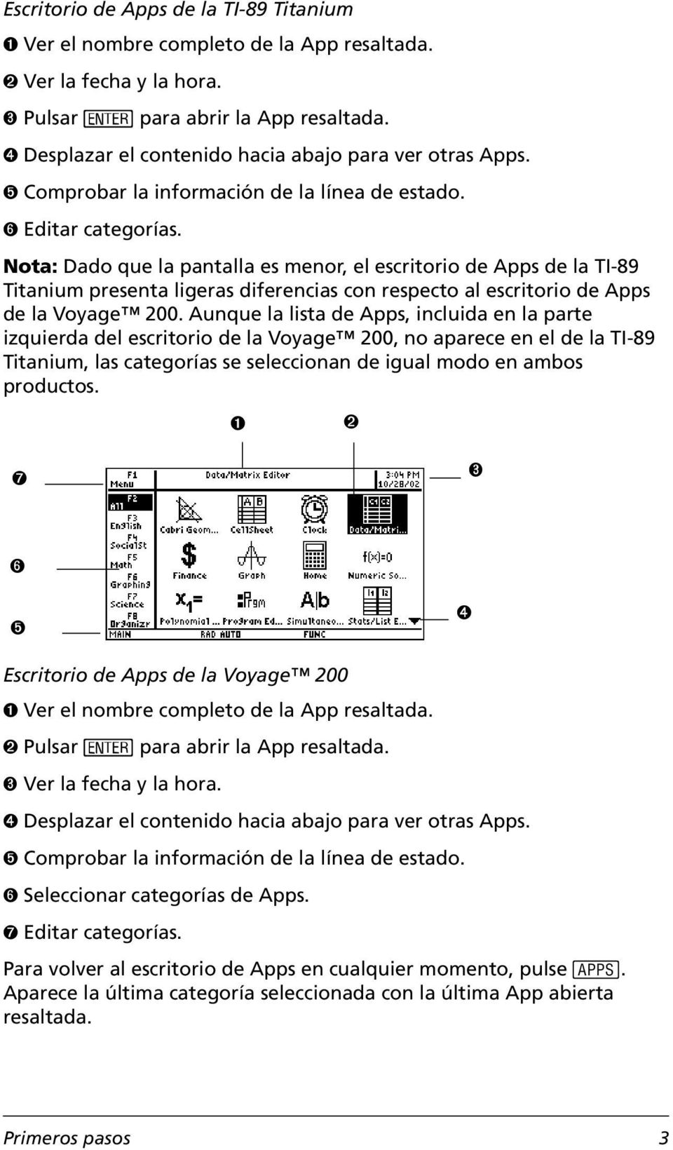 Nota: Dado que la pantalla es menor, el escritorio de Apps de la TI-89 Titanium presenta ligeras diferencias con respecto al escritorio de Apps de la Voyage 200.