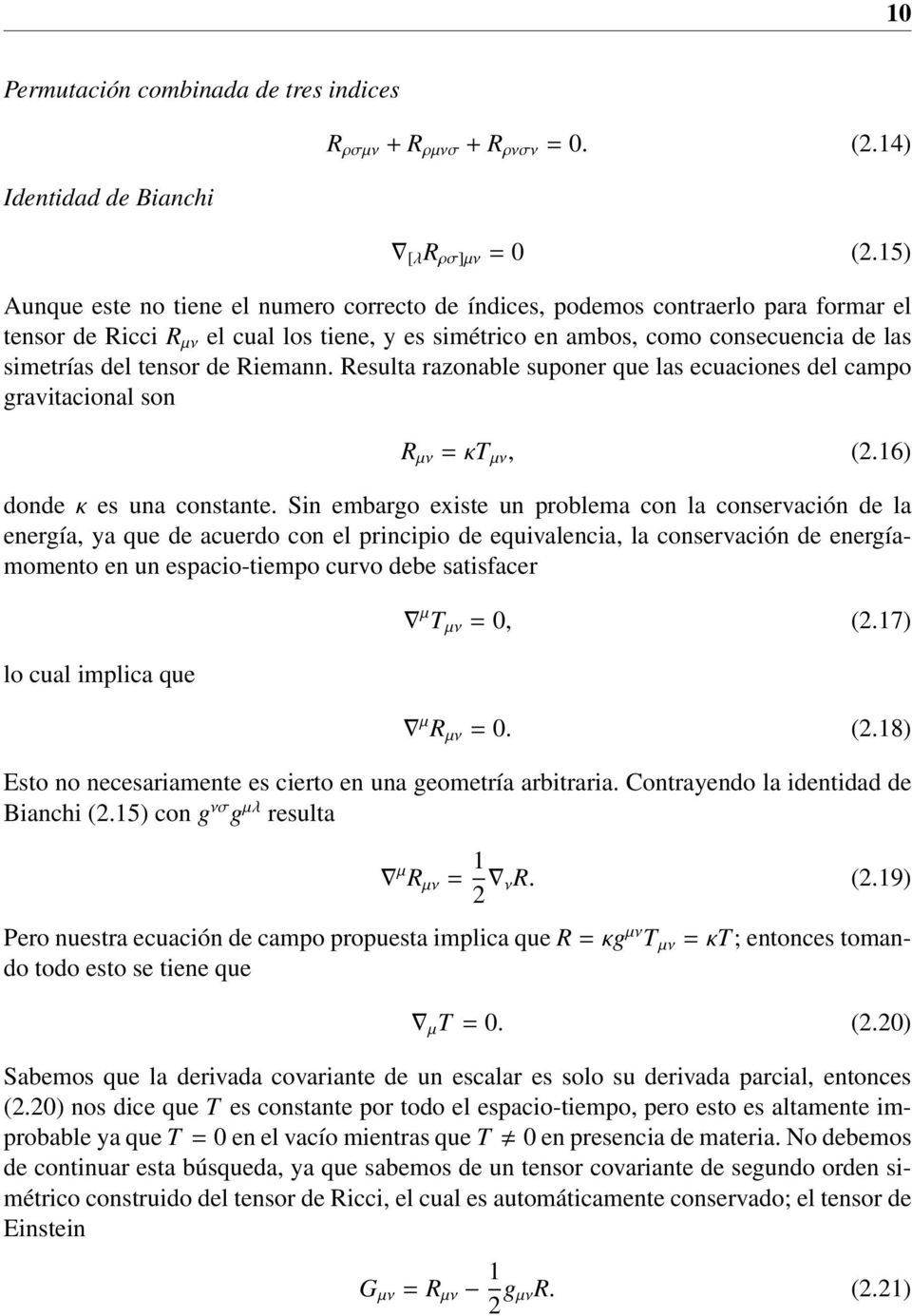 tensor de Riemann. Resulta razonable suponer que las ecuaciones del campo gravitacional son R µν = κt µν, (2.16) donde κ es una constante.