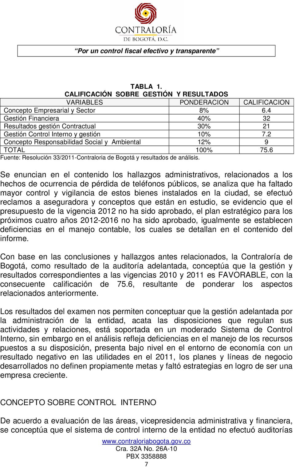 6 Fuente: Resolución 33/2011-Contraloria de Bogotá y resultados de análisis.