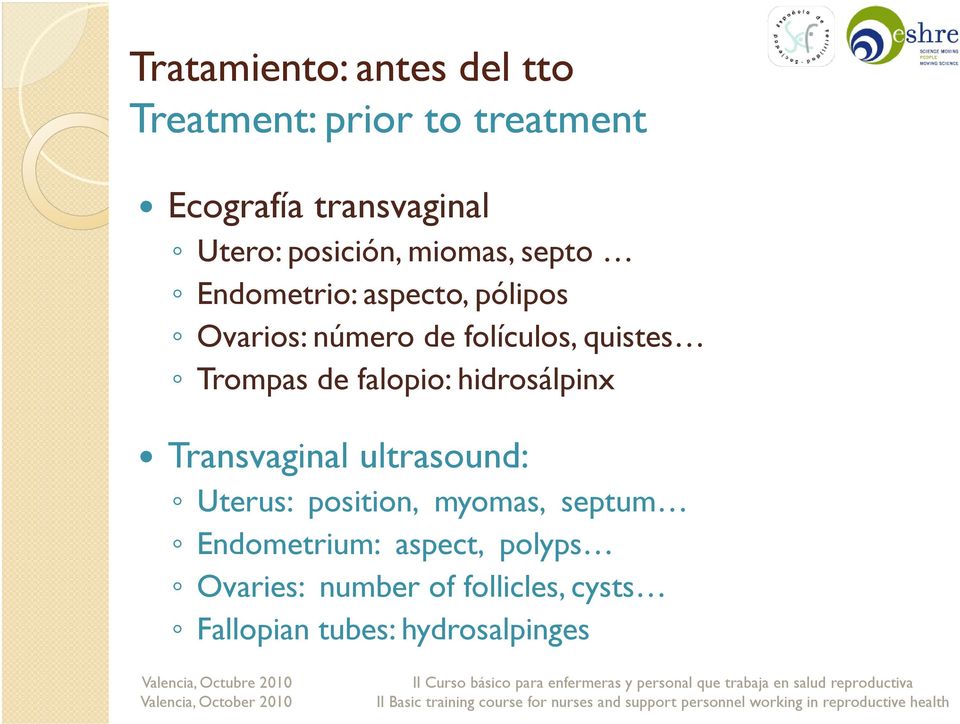 Trompas de falopio: hidrosálpinx Transvaginal ultrasound: Uterus: position, myomas, septum