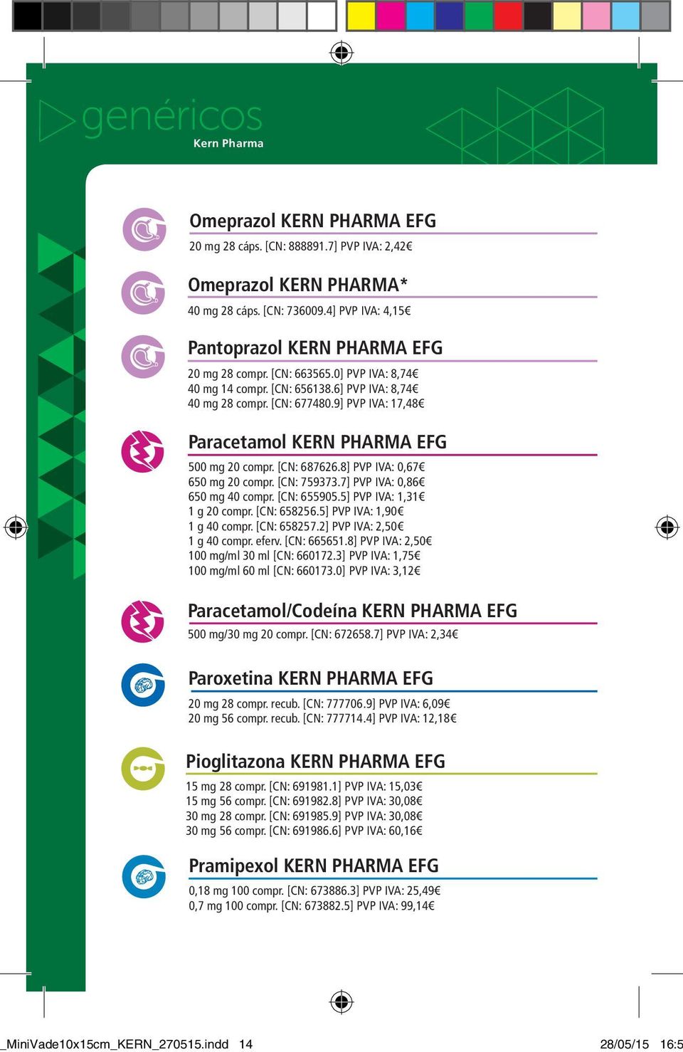 9] PVP IVA: 17,48 Paracetamol KERN PHARMA EFG 500 mg 20 compr. [CN: 687626.8] PVP IVA: 0,67 650 mg 20 compr. [CN: 759373.7] PVP IVA: 0,86 650 mg 40 compr. [CN: 655905.5] PVP IVA: 1,31 1 g 20 compr.