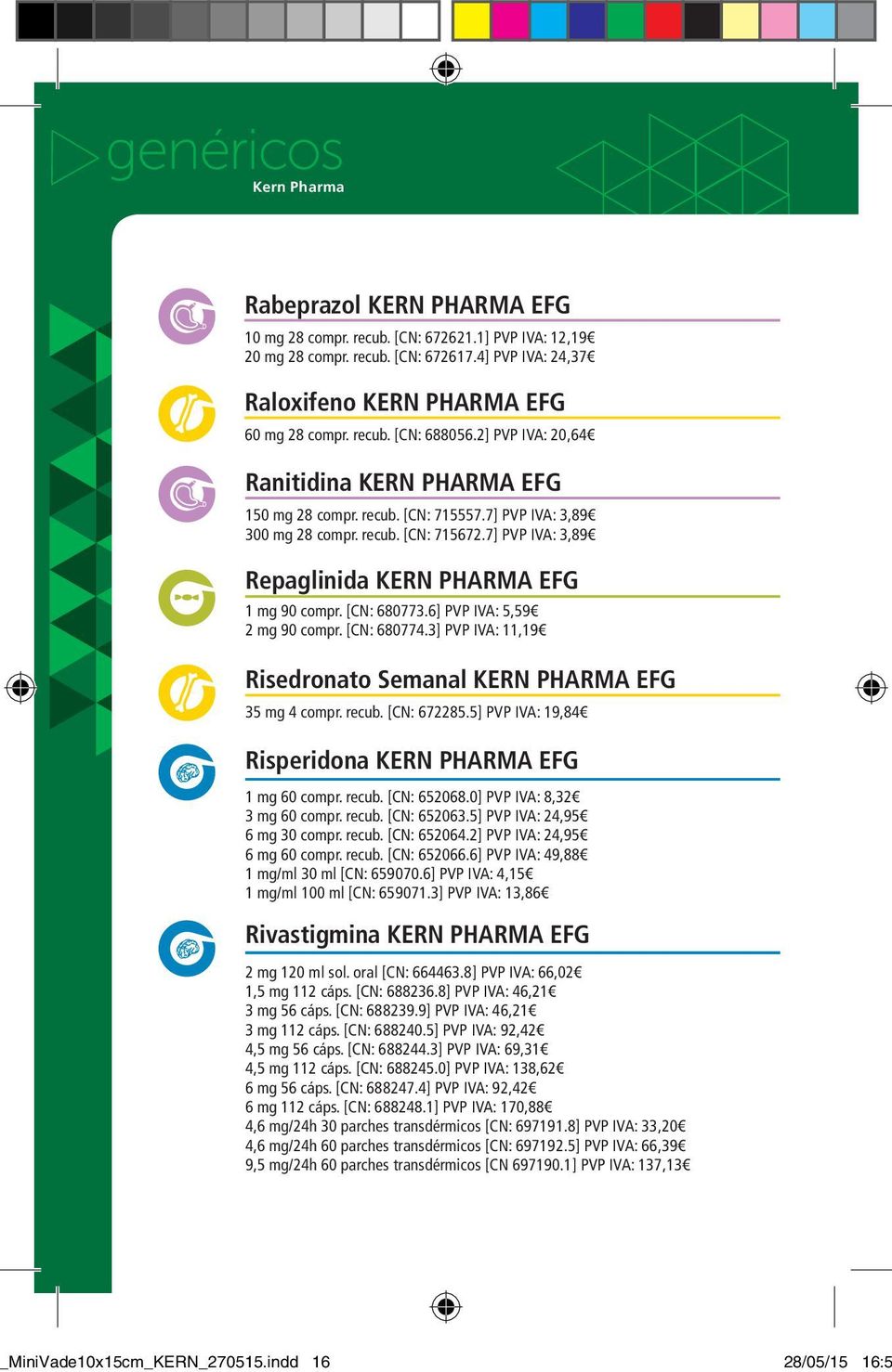 7] PVP IVA: 3,89 Repaglinida KERN PHARMA EFG 1 mg 90 compr. [CN: 680773.6] PVP IVA: 5,59 2 mg 90 compr. [CN: 680774.3] PVP IVA: 11,19 Risedronato Semanal KERN PHARMA EFG 35 mg 4 compr. recub.