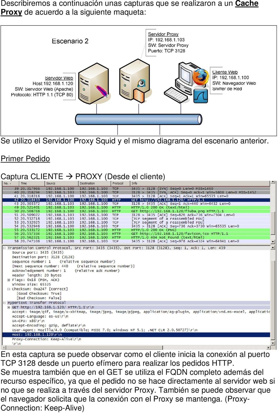 Primer Pedido Captura CLIENTE PROXY (Desde el cliente) En esta captura se puede observar como el cliente inicia la conexión al puerto TCP 3128 desde un puerto efímero para