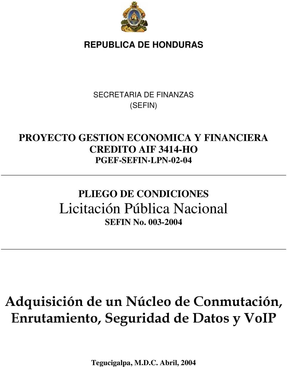 CONDICIONES Licitación Pública Nacional SEFIN No.