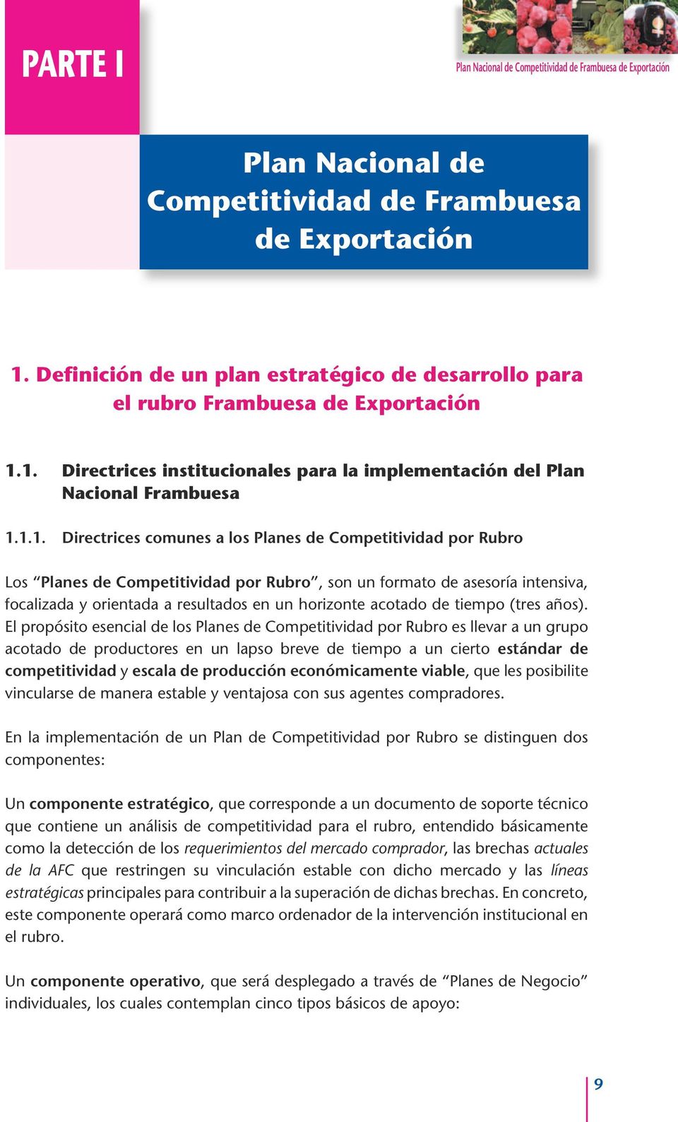 1. Directrices institucionales para la implementación del Plan Nacional Frambuesa 1.1.1. Directrices comunes a los Planes de Competitividad por Rubro Los Planes de Competitividad por Rubro, son un