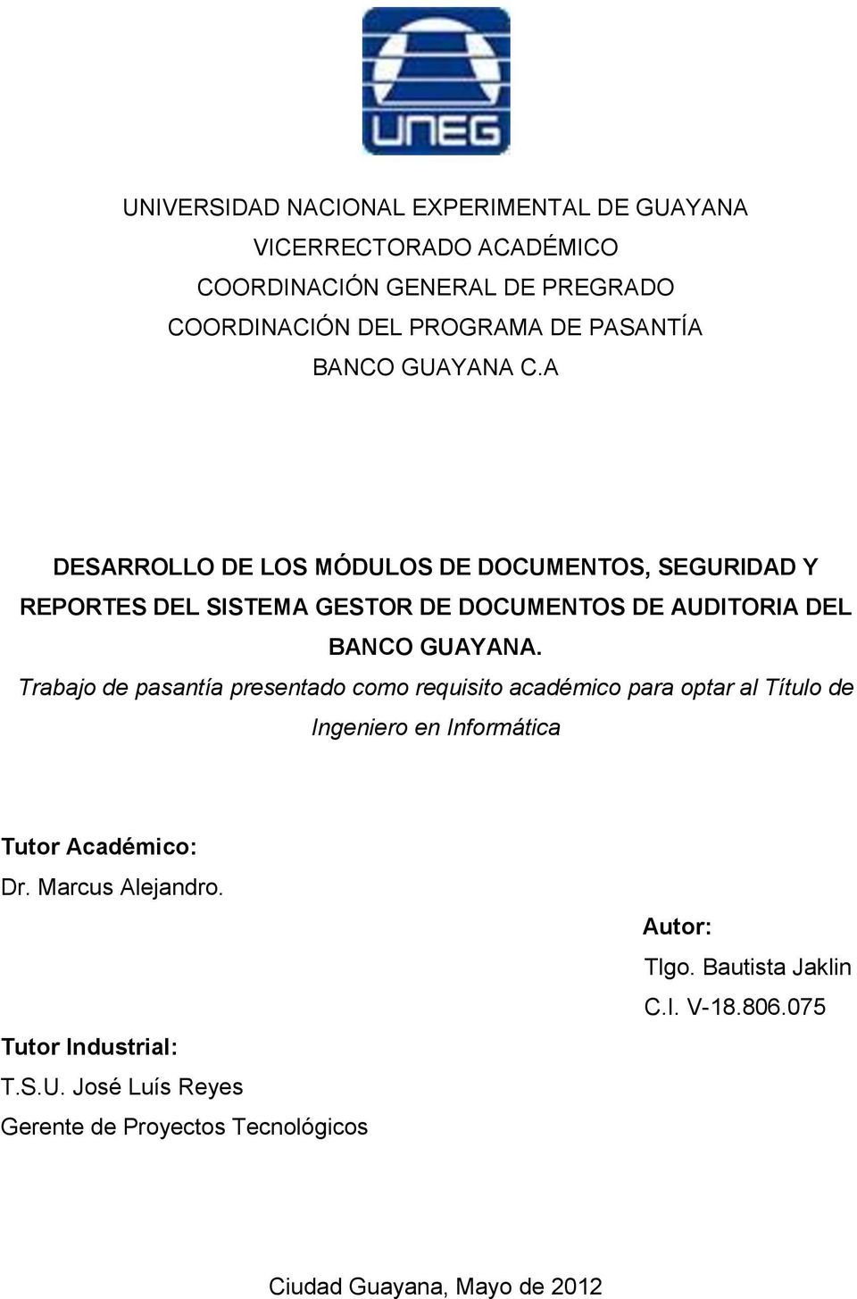 Trabajo de pasantía presentado como requisito académico para optar al Título de Ingeniero en Informática Tutor Académico: Dr. Marcus Alejandro.