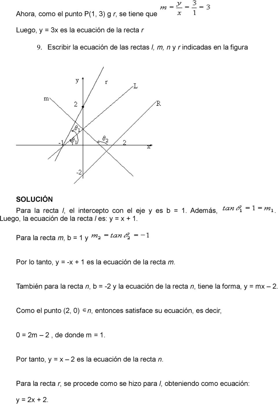 Luego, la ecuación de la recta l es: y = x + 1. Para la recta m, b = 1 y Por lo tanto, y = -x + 1 es la ecuación de la recta m.