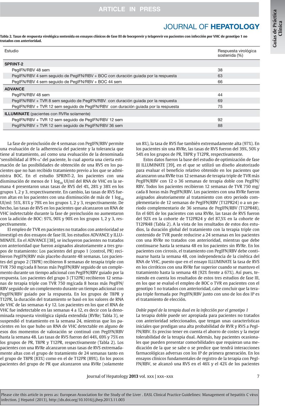Estudio Respuesta virológica sostenida (%) Guías de Práctica SPRINT-2 PegIFN/RBV 48 sem 38 PegIFN/RBV 4 sem seguido de PegIFN/RBV + BOC con duración guiada por la respuesta 63 PegIFN/RBV 4 sem