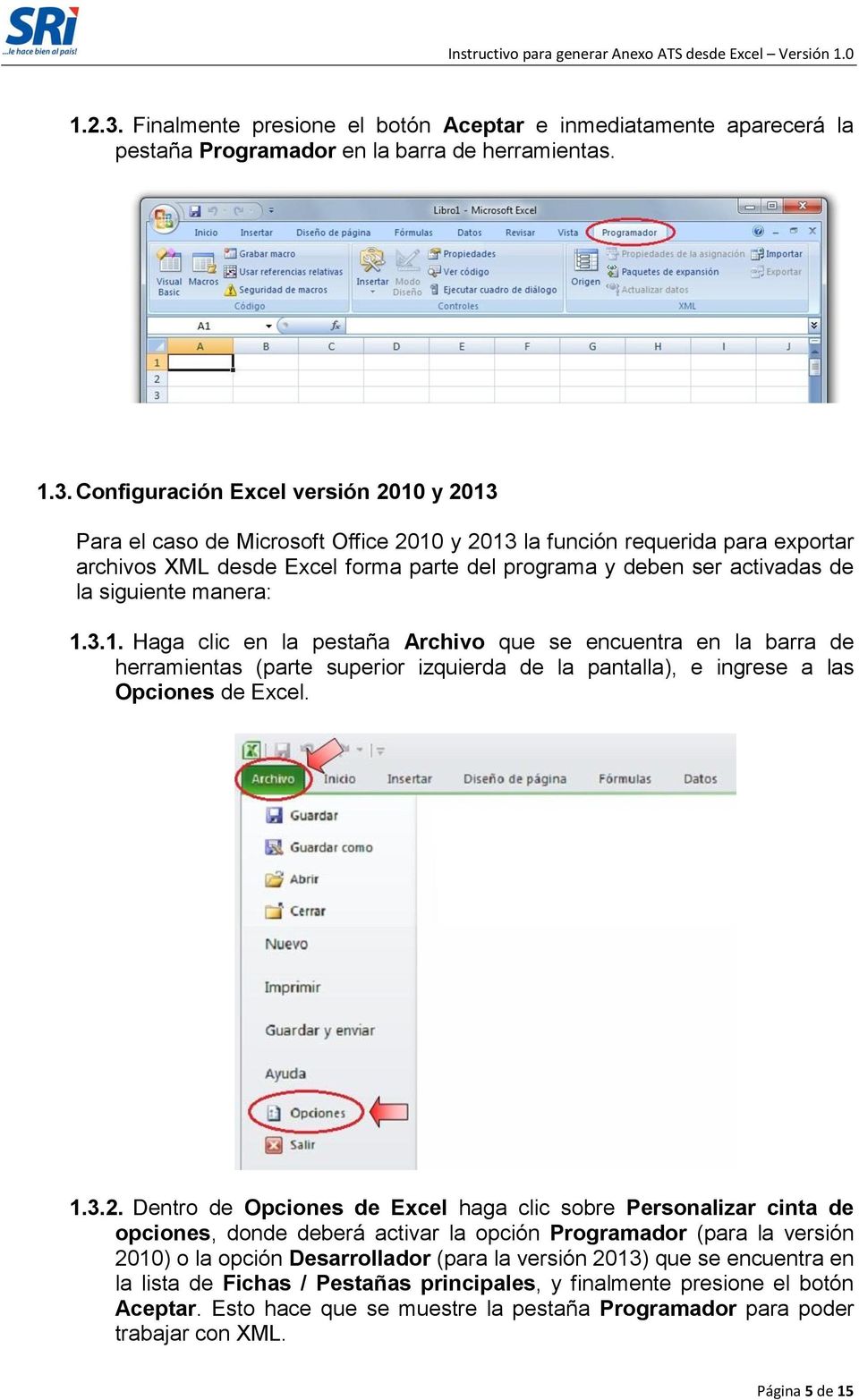 Configuración Excel versión 2010 y 2013 Para el caso de Microsoft Office 2010 y 2013 la función requerida para exportar archivos XML desde Excel forma parte del programa y deben ser activadas de la