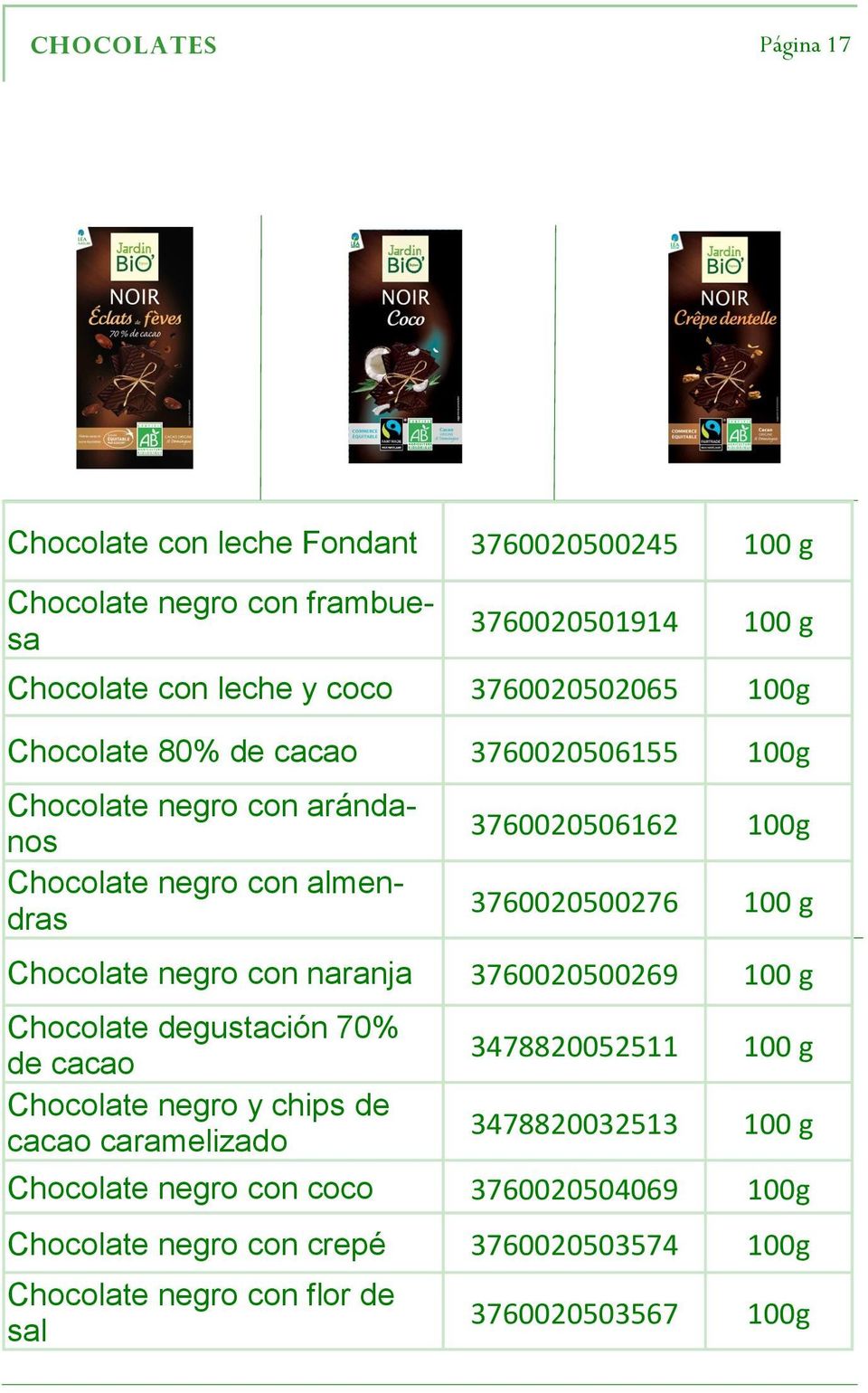 100 g Chocolate negro con naranja 3760020500269 100 g Chocolate degustación 70% de cacao Chocolate negro y chips de cacao caramelizado 3478820052511 100