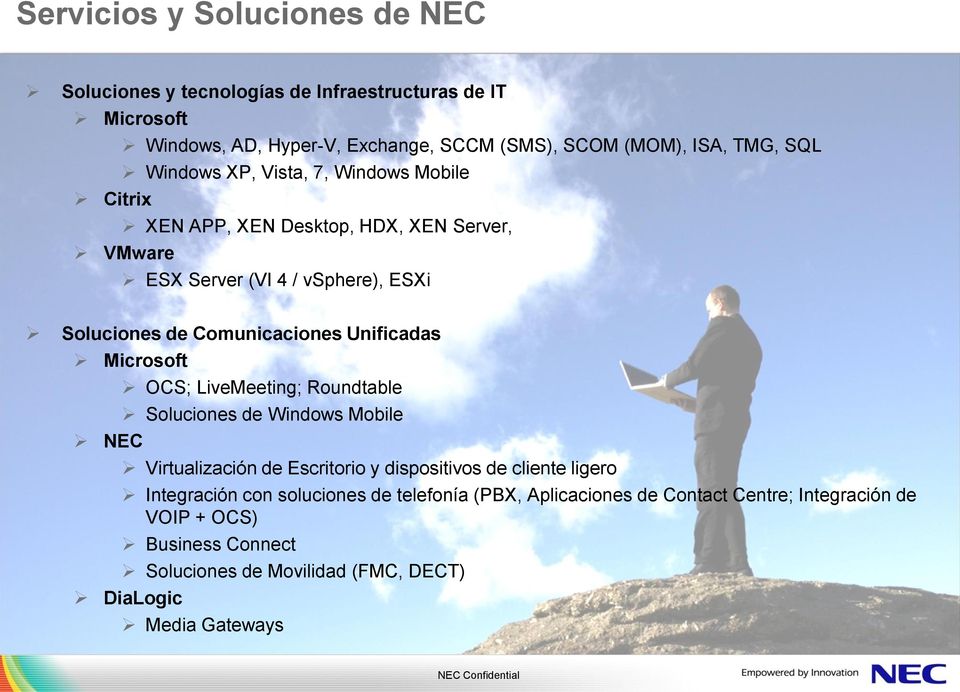 Unificadas Microsoft OCS; LiveMeeting; Roundtable Soluciones de Windows Mobile NEC Virtualización de Escritorio y dispositivos de cliente ligero Integración