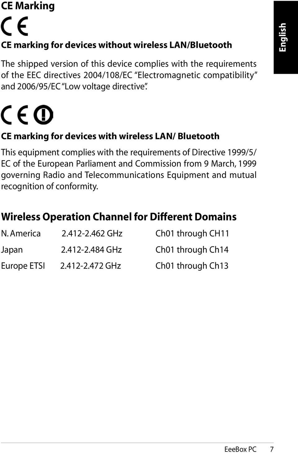 CE marking for devices with wireless LAN/ Bluetooth This equipment complies with the requirements of Directive 1999/5/ EC of the European Parliament and Commission from 9