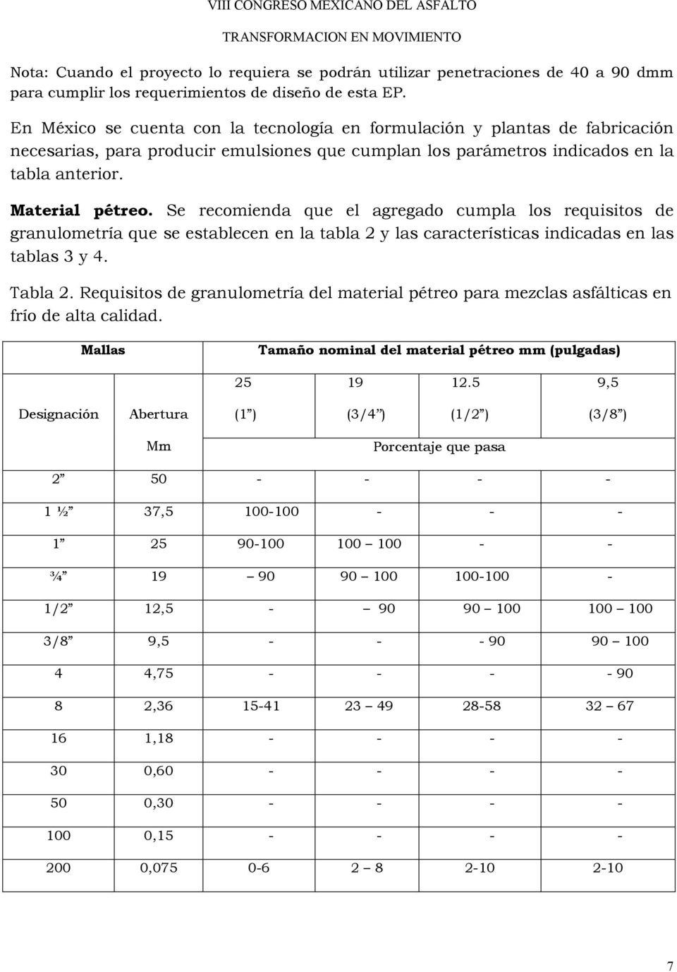 Se recomienda que el agregado cumpla los requisitos de granulometría que se establecen en la tabla 2 y las características indicadas en las tablas 3 y 4. Tabla 2.