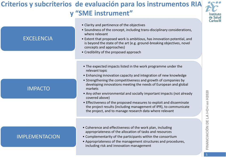 ground-breaking objectives, novel concepts and approaches) Credibility of the proposed approach IMPACTO The expected impacts listed in the work programme under the relevant topic Enhancing innovation