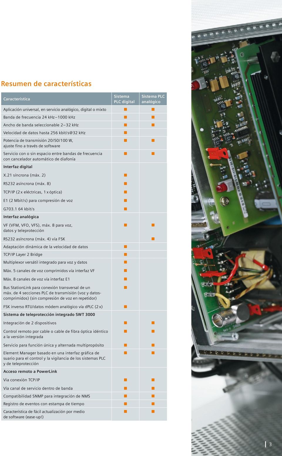 cancelador automático de diafonía Interfaz digital X.21 síncrona (máx. 2) RS232 asíncrona (máx. 8) TCP / IP (2 x eléctricas, 1 x óptica) E1 (2 Mbit / s) para compresión de voz G703.