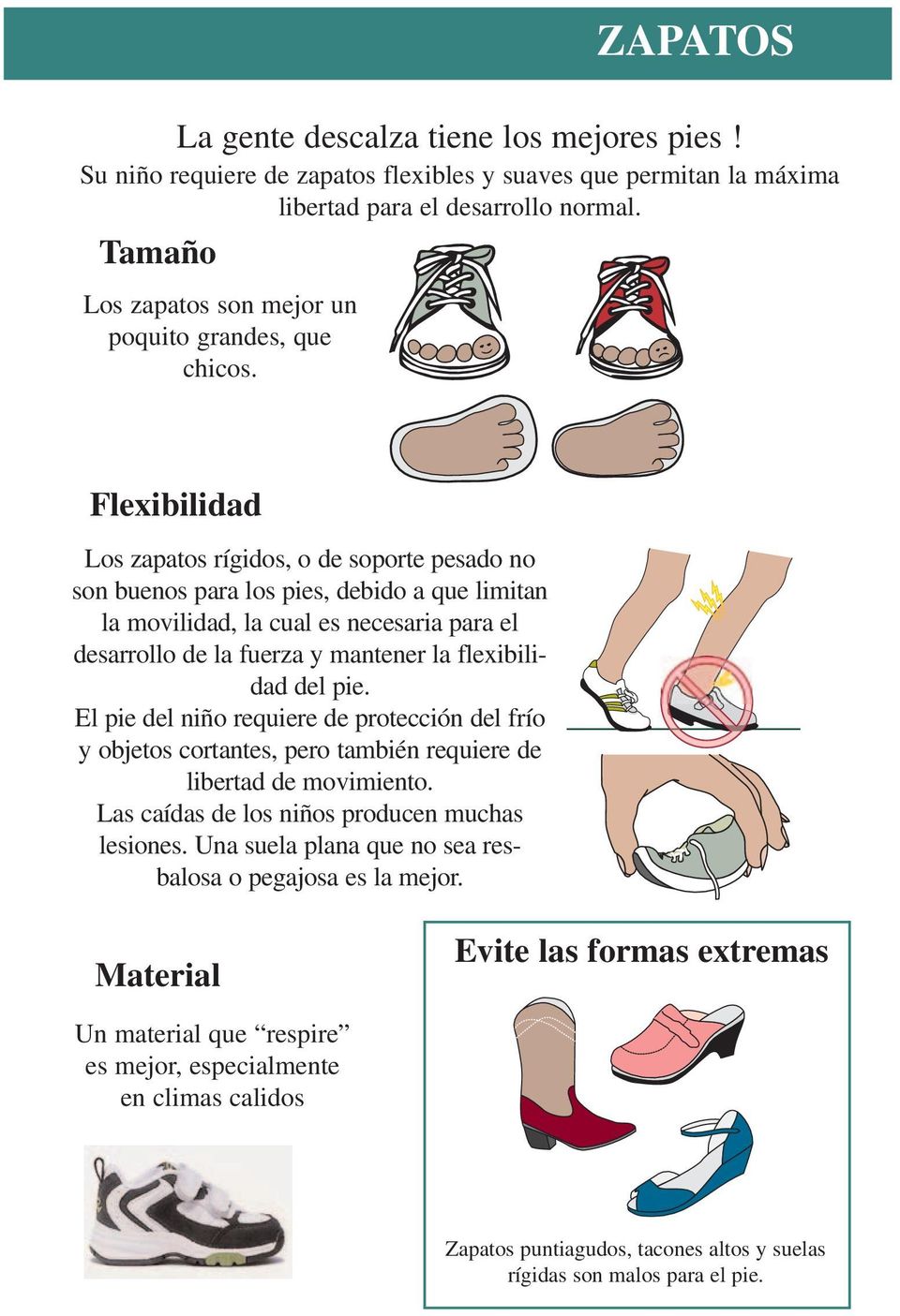 Flexibilidad Los zapatos rígidos, o de soporte pesado no son buenos para los pies, debido a que limitan la movilidad, la cual es necesaria para el desarrollo de la fuerza y mantener la flexibilidad