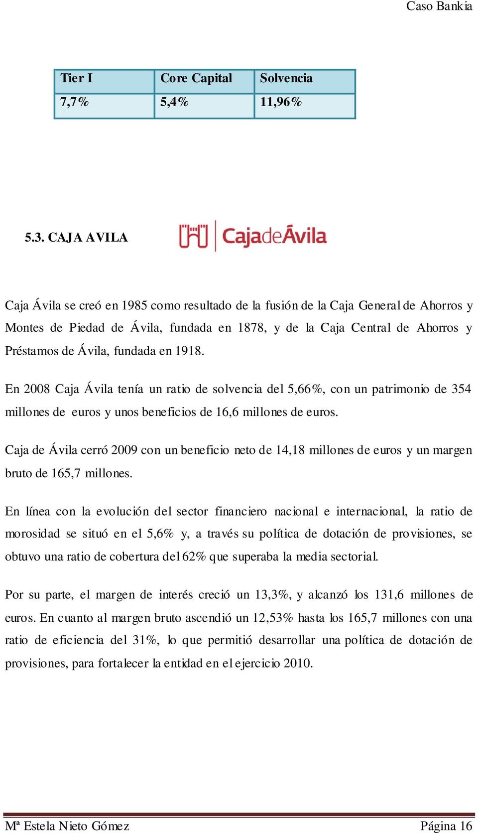 fundada en 1918. En 2008 Caja Ávila tenía un ratio de solvencia del 5,66%, con un patrimonio de 354 millones de euros y unos beneficios de 16,6 millones de euros.