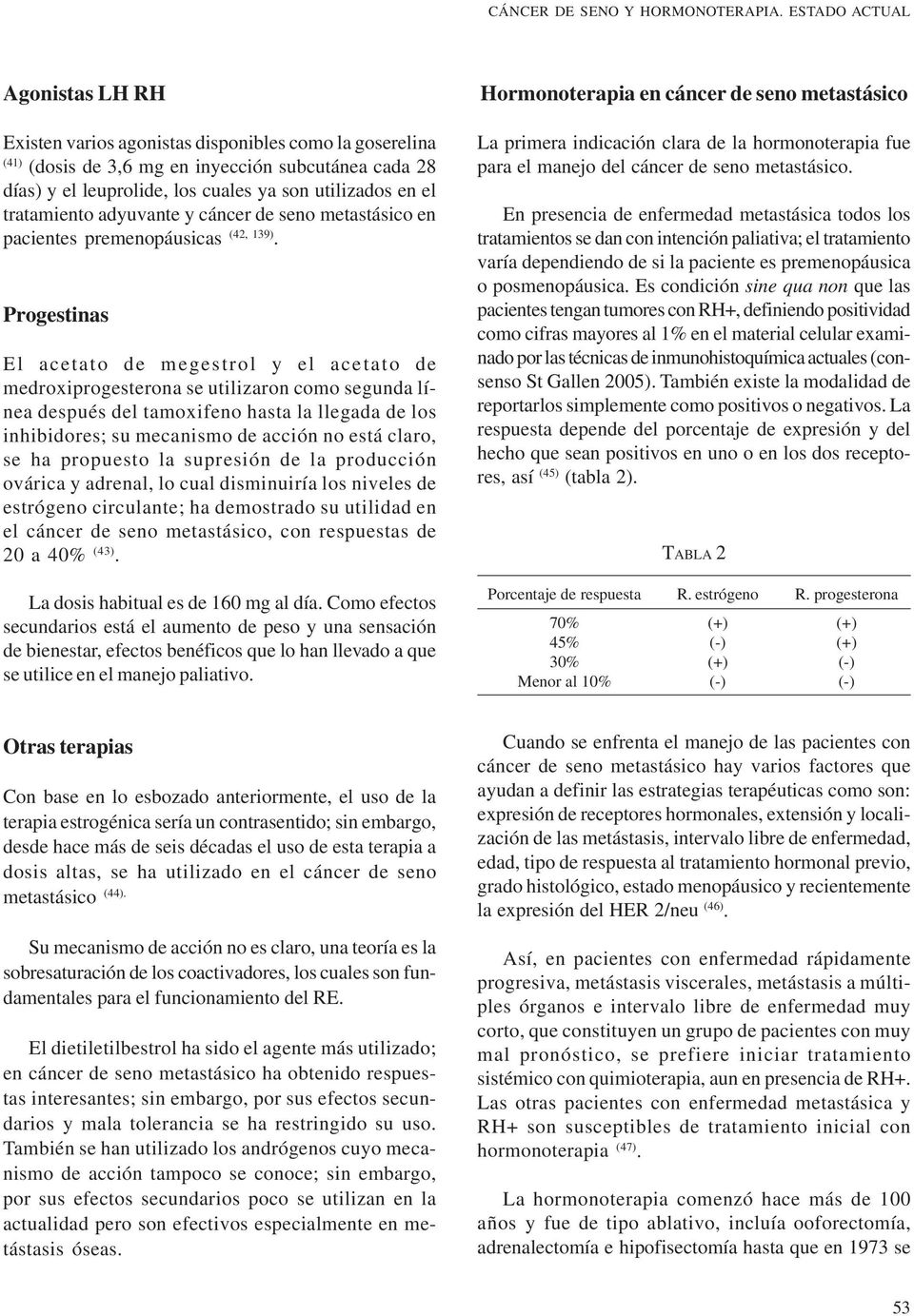 tratamiento adyuvante y cáncer de seno metastásico en pacientes premenopáusicas (42, 139).