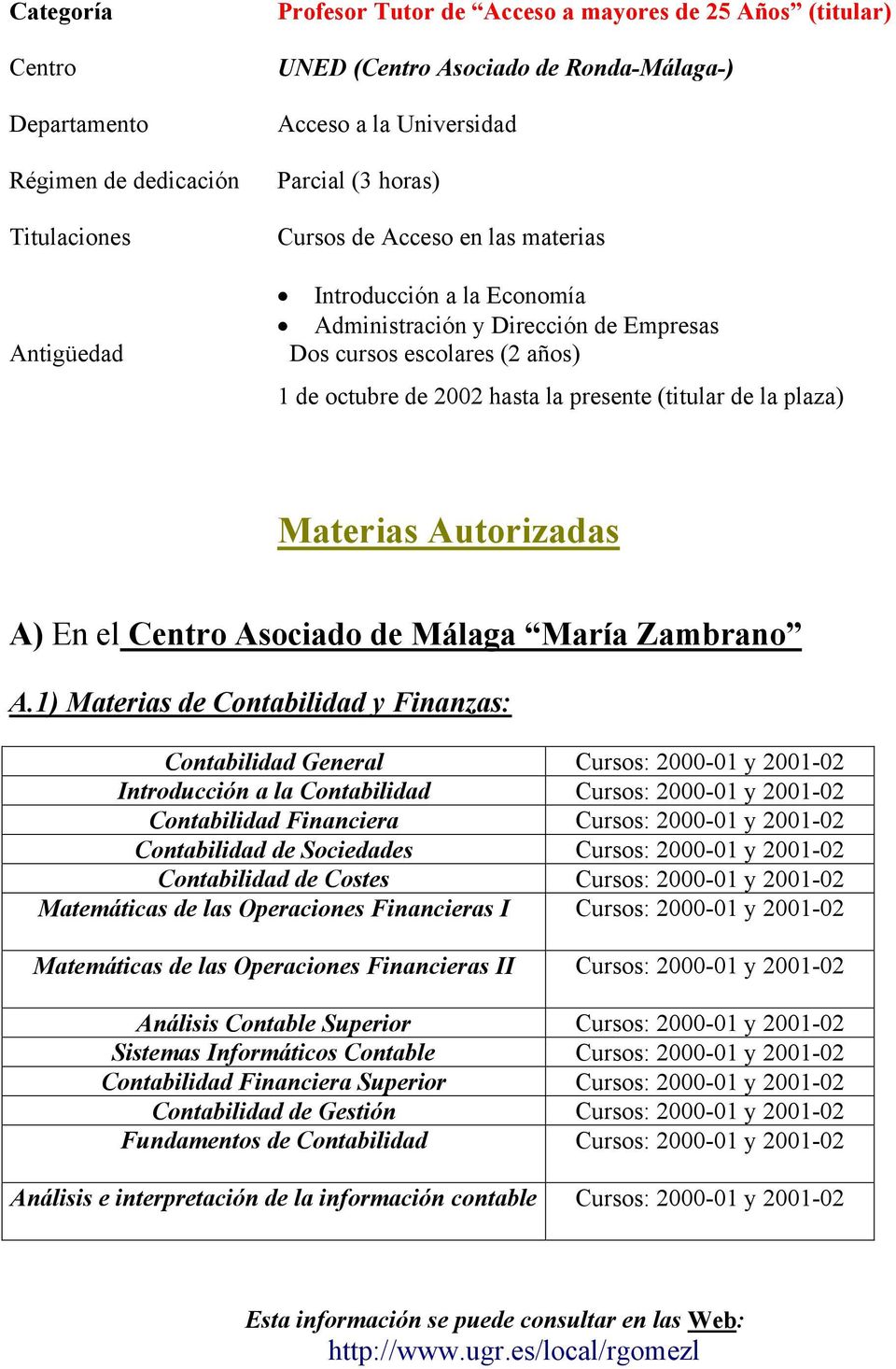 la plaza) Materias Autorizadas A) En el Centro Asociado de Málaga María Zambrano A.