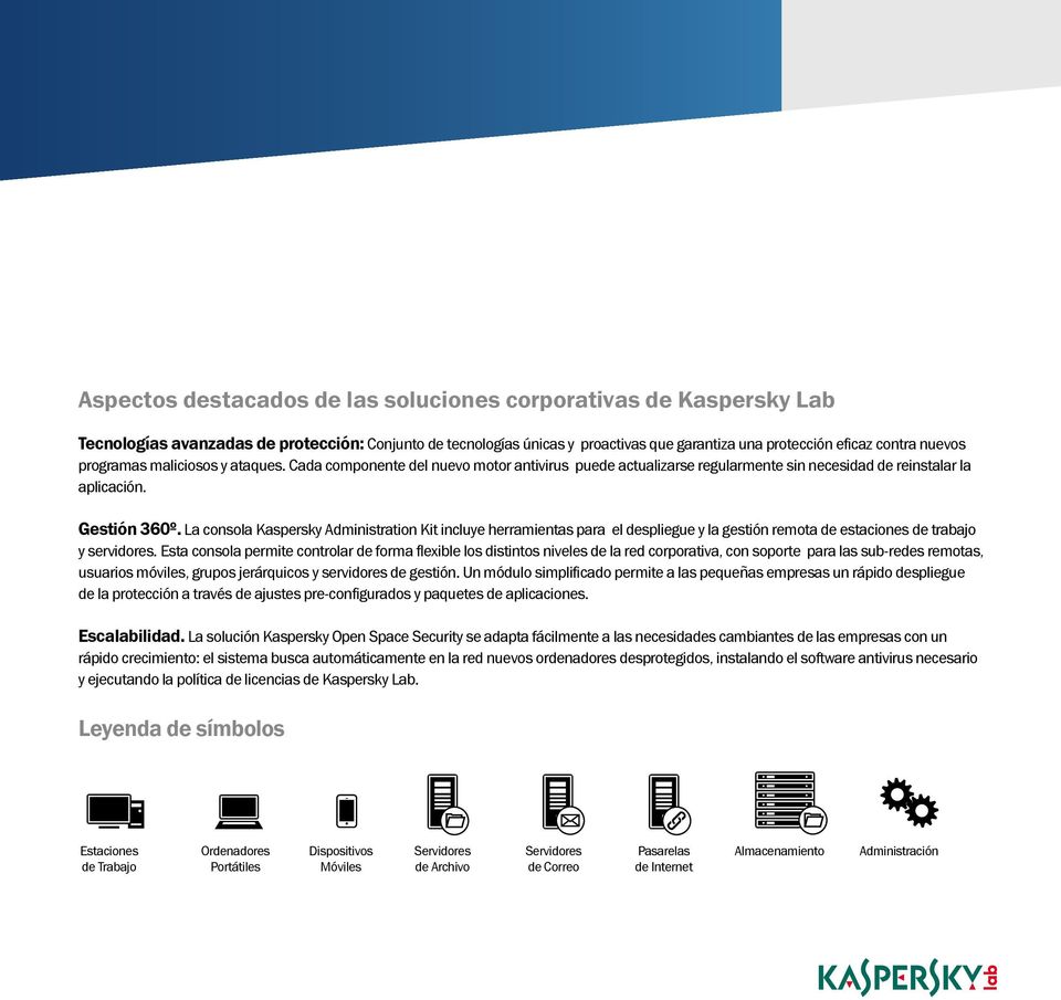 La consola Kaspersky Administration Kit incluye herramientas para el despliegue y la gestión remota de estaciones de trabajo y servidores.