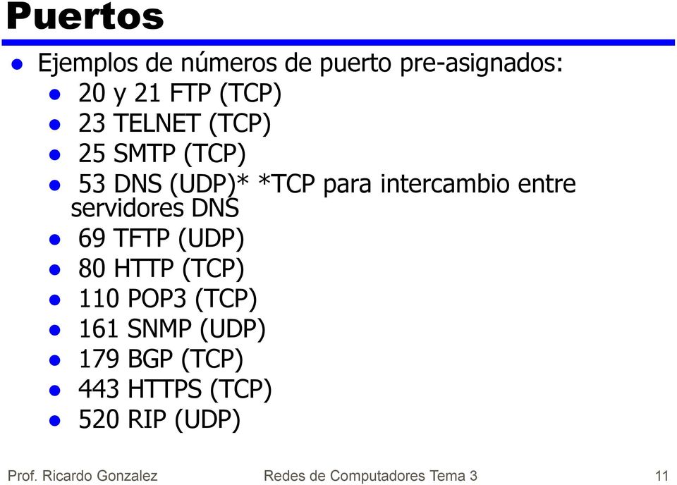 servidores DNS 69 TFTP (UDP) 80 HTTP (TCP) 110 POP3 (TCP) 161 SNMP (UDP) 179