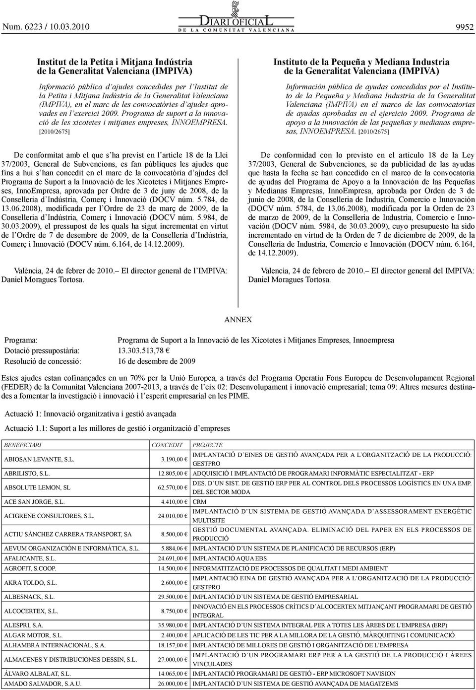 [2010/2675] Instituto de la Pequeña y Mediana Industria de la Generalitat Valenciana (IMPIVA) Información pública de ayudas concedidas por el Instituto de la Pequeña y Mediana Industria de la