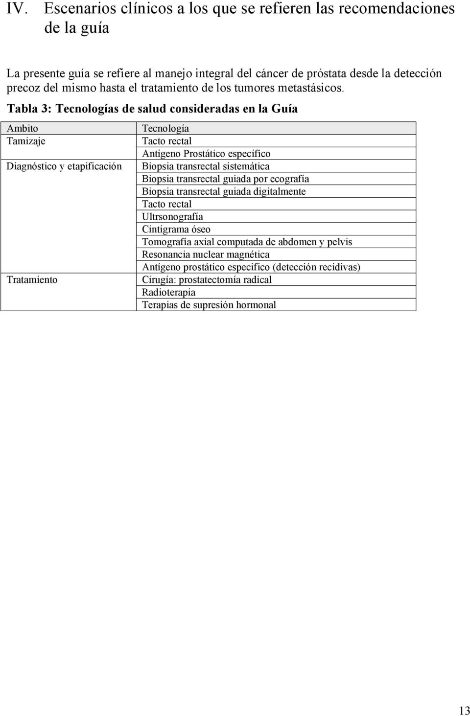 Tabla 3: Tecnologías de salud consideradas en la Guía Ambito Tamizaje Diagnóstico y etapificación Tratamiento Tecnología Tacto rectal Antígeno Prostático específico Biopsia transrectal