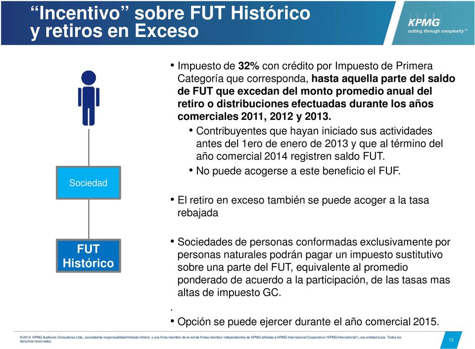 Contribuyentes que hayan iniciado sus actividades antes del 1ero de enero de 2013 y que al término del año comercial 2014 registren saldo FUT. No puede acogerse a este beneficio el FUF.