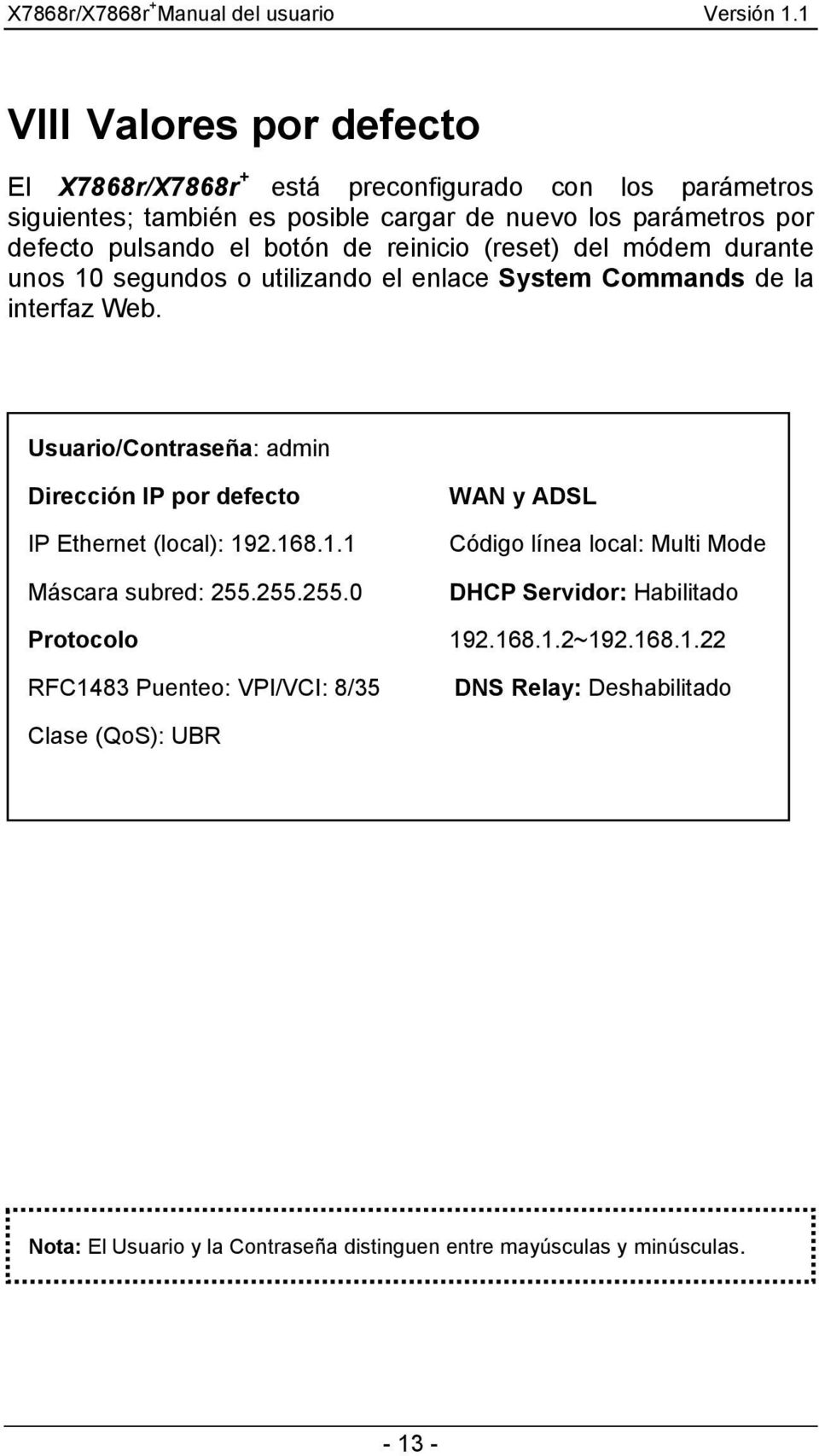 Usuario/Contraseña: admin Dirección IP por defecto IP Ethernet (local): 192.168.1.1 Máscara subred: 255.