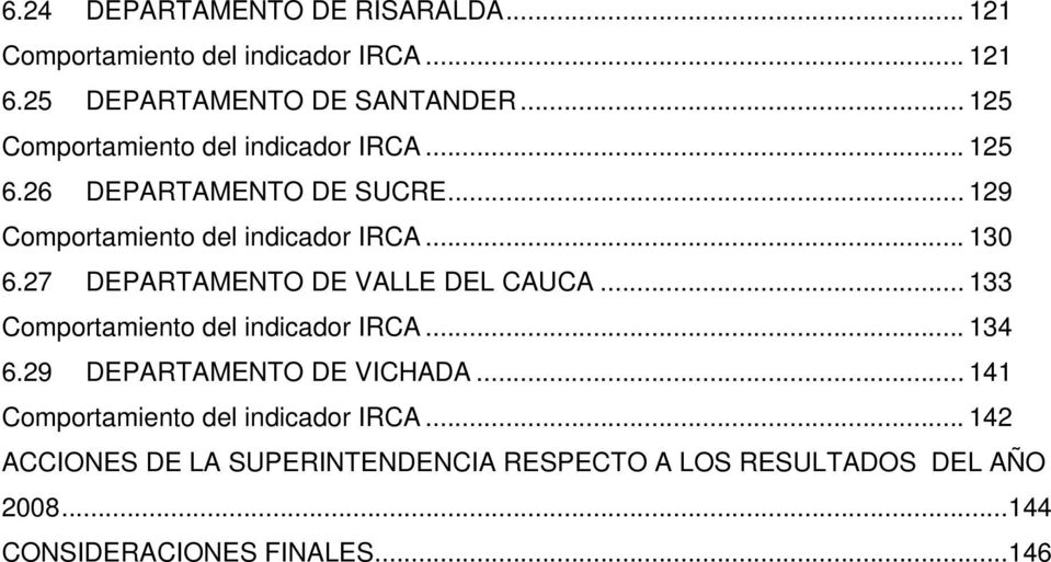27 DEPARTAMENTO DE VALLE DEL CAUCA... 133 Comportamiento del indicador IRCA... 134 6.29 DEPARTAMENTO DE VICHADA.