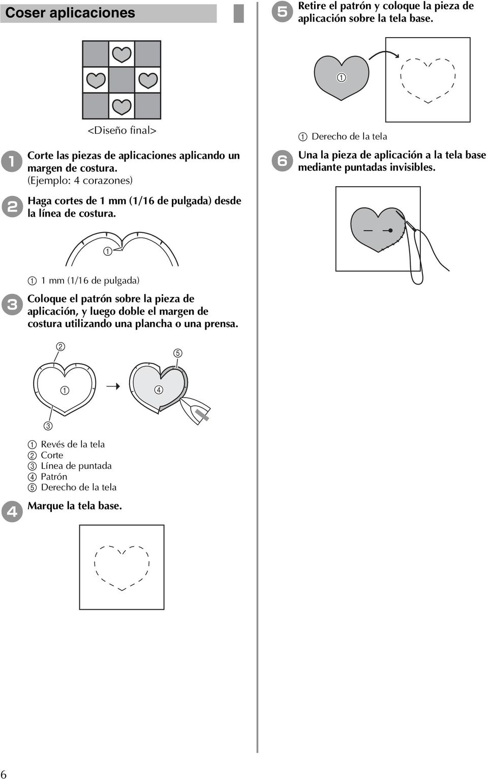 (Ejemplo: 4 corazones) Haga cortes de mm (/6 de pulgada) desde la línea de costura.