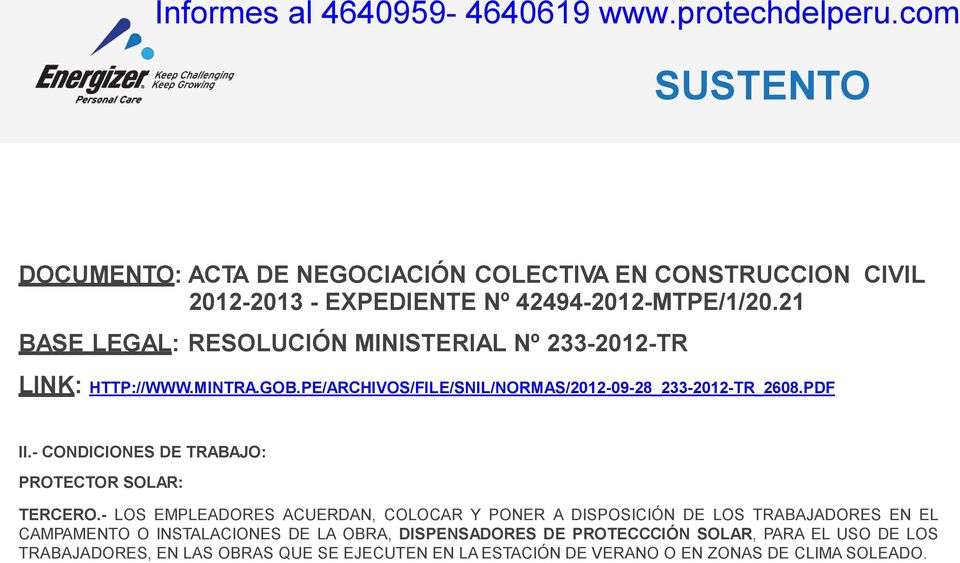 PDF II.- CONDICIONES DE TRABAJO: PROTECTOR SOLAR: TERCERO.
