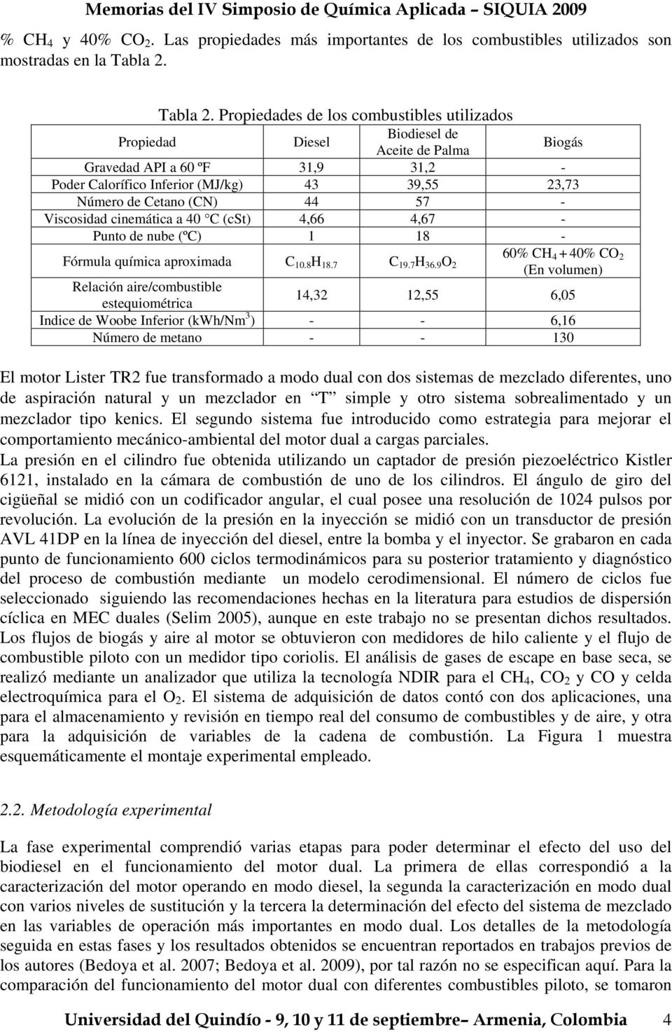 Propiedades de los combustibles utilizados Propiedad Diesel Biodiesel de Aceite de Palma Biogás Gravedad API a 60 ºF 31,9 31,2 - Poder Calorífico Inferior (MJ/kg) 43 39,55 23,73 Número de Cetano (CN)