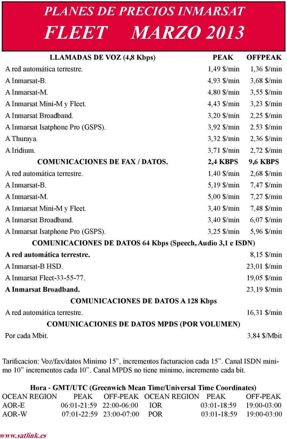 3,32 $/min 2,36 $/min A Iridium. 3,71 $/min 2,72 $/min COMUNICACIONES DE FAX / DATOS. 2,4 KBPS 9,6 KBPS A red automática terrestre. 1,40 $/min 2,68 $/min A Inmarsat-B.