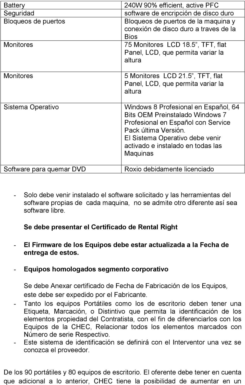 5, TFT, flat Panel, LCD, que permita variar la altura Sistema Operativo Windows 8 Profesional en Español, 64 Bits OEM Preinstalado Windows 7 Profesional en Español con Service Pack última Versión.