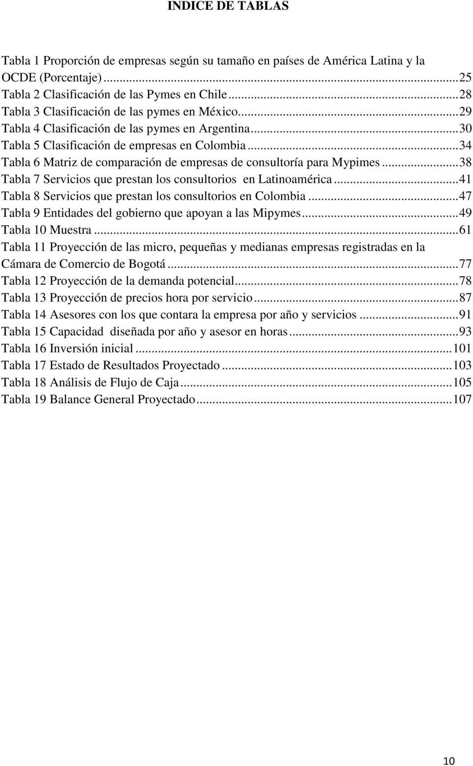 .. 34 Tabla 6 Matriz de comparación de empresas de consultoría para Mypimes... 38 Tabla 7 Servicios que prestan los consultorios en Latinoamérica.