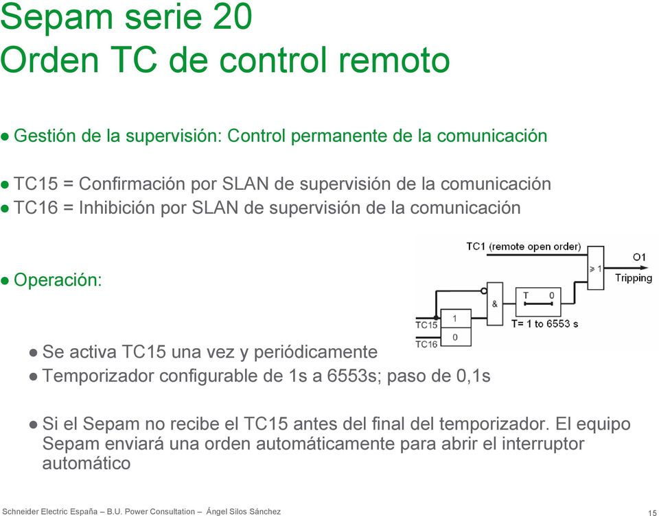 Operación: Se activa TC15 una vez y periódicamente Temporizador configurable de 1s a 6553s; paso de 0,1s Si el Sepam no
