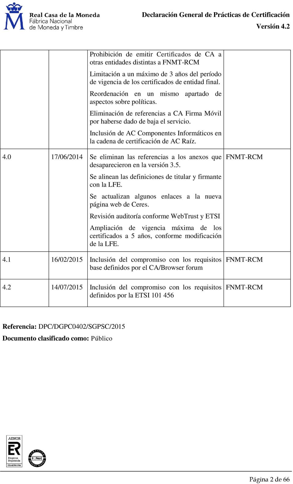 Inclusión de AC Componentes Informáticos en la cadena de certificación de AC Raíz. 4.0 17/06/2014 Se eliminan las referencias a los anexos que desaparecieron en la versión 3.5.