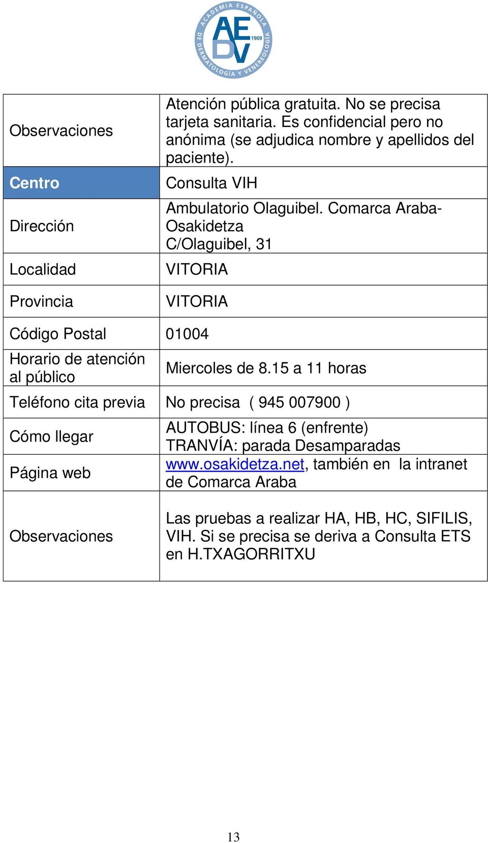 15 a 11 horas Teléfono cita previa No precisa ( 945 007900 ) AUTOBUS: línea 6 (enfrente) TRANVÍA: parada Desamparadas www.osakidetza.