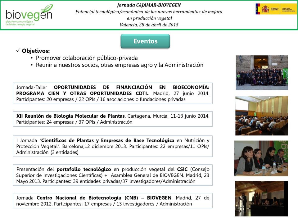Cartagena, Murcia, 11-13 junio 2014. Participantes: 24 empresas / 37 OPIs / Administración I Jornada Científicos de Plantas y Empresas de Base Tecnológica en Nutrición y Protección Vegetal.