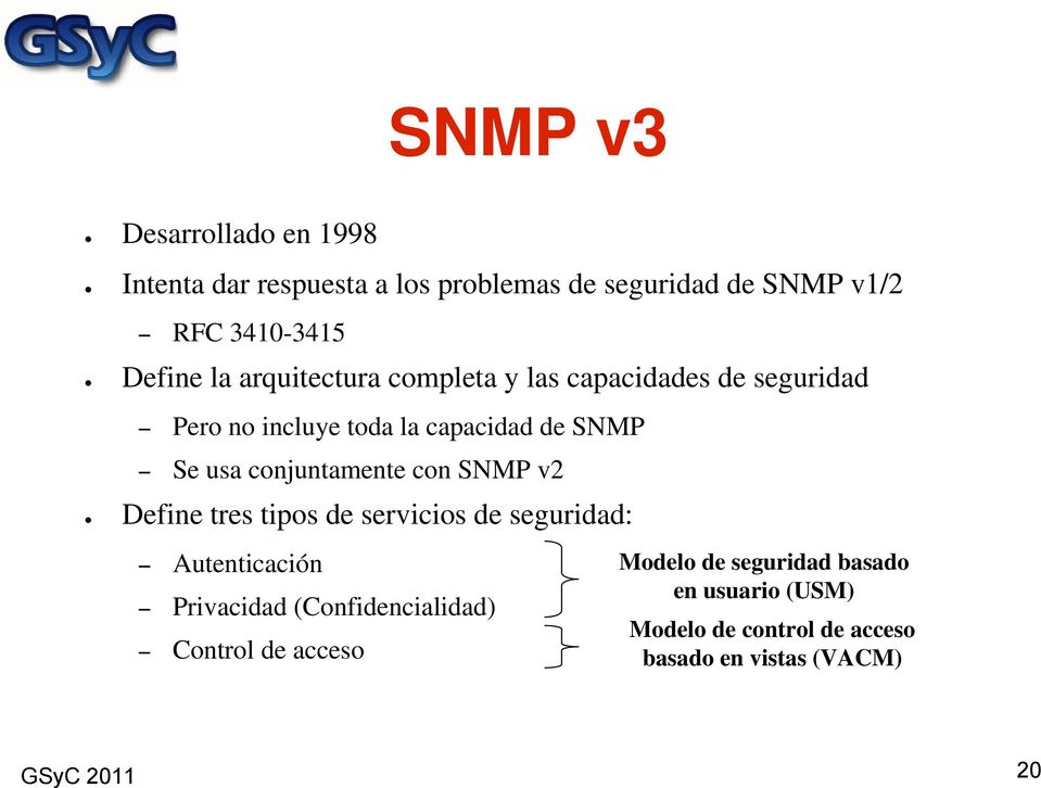 conjuntamente con SNMP v2 Define tres tipos de servicios de seguridad: Autenticación Privacidad