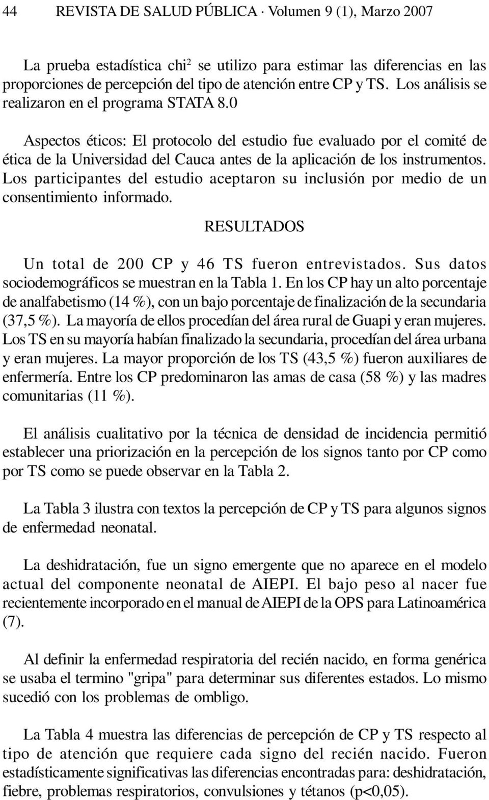0 Aspectos éticos: El protocolo del estudio fue evaluado por el comité de ética de la Universidad del Cauca antes de la aplicación de los instrumentos.