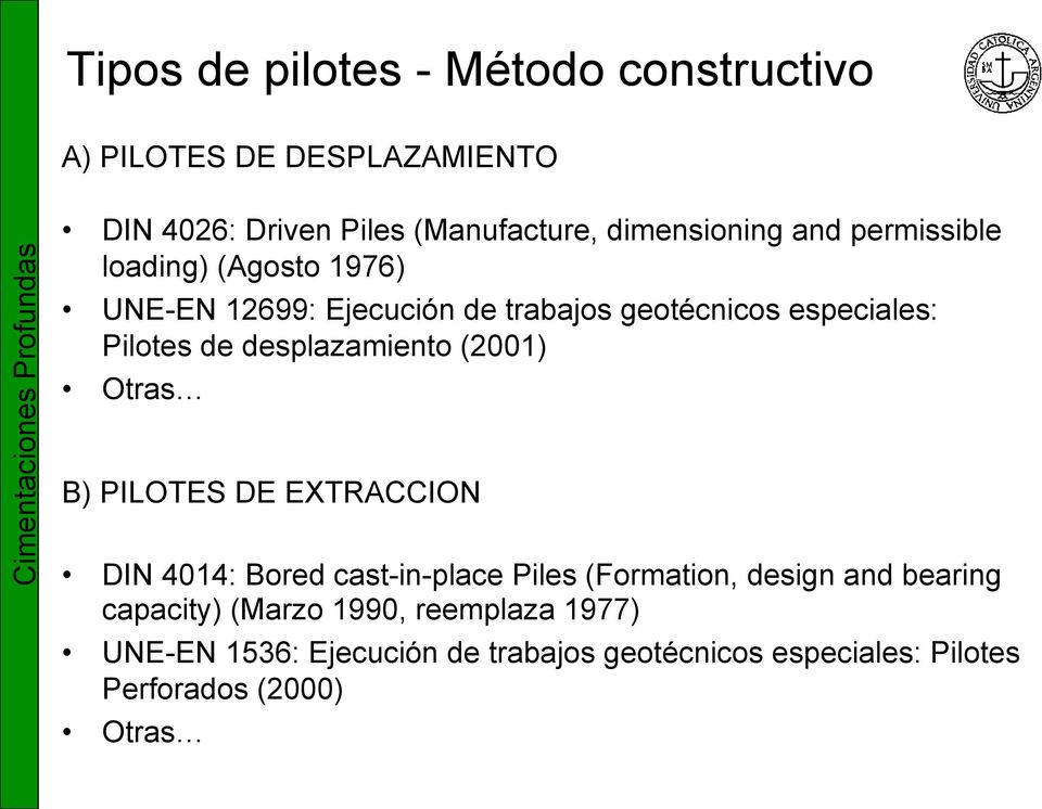 Pilotes de desplazamiento (2001) Otras B) PILOTES DE EXTRACCION DIN 4014: Bored cast-in-place Piles (Formation, design and